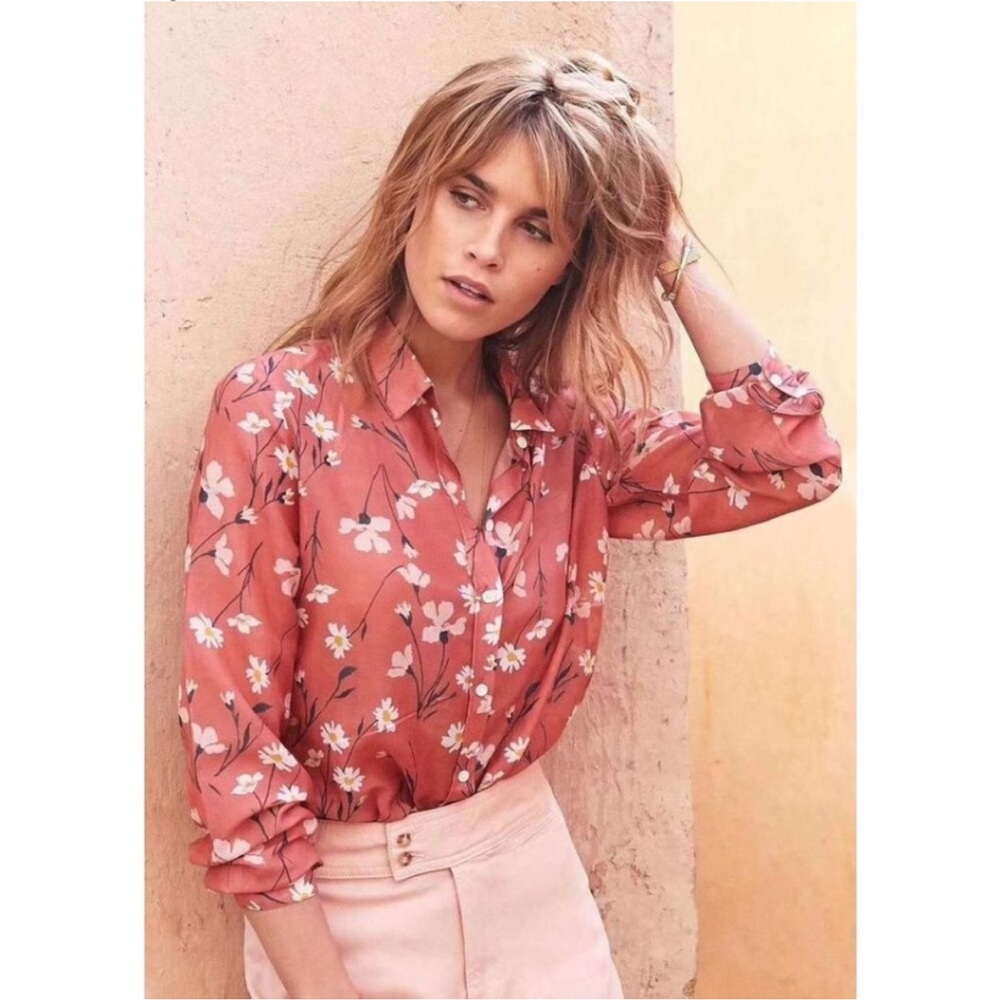 Sezane Floral Button-Up Shirt Long Sleeve Cotton Silk Blend Collared Size 36(S)